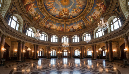 Luxury grand interior architecture featuring ornate ceilings, indoor swimming pools, and lush...