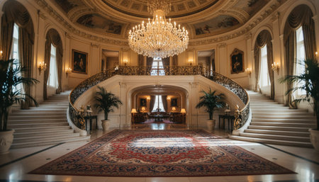 Luxury grand interior architecture featuring ornate ceilings, indoor swimming pools, and lush...