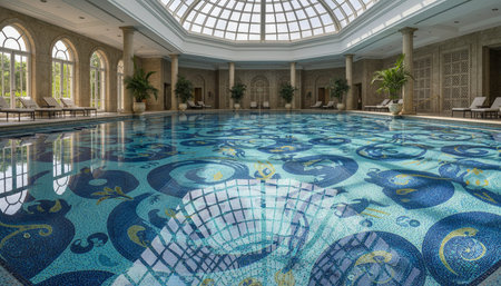 Luxury grand interior architecture featuring ornate ceilings, indoor swimming pools, and lush...