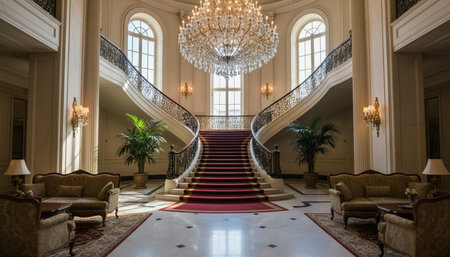 Luxury grand interior architecture featuring ornate ceilings, indoor swimming pools, and lush...