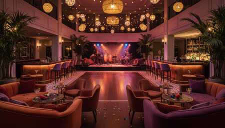 Luxury grand interior architecture featuring ornate ceilings, indoor swimming pools, and lush...