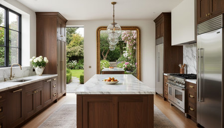 Luxury modern kitchen interior design with elegant furniture and natural lighting.