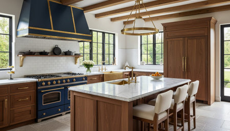 Luxury modern kitchen interior design with elegant furniture and natural lighting.