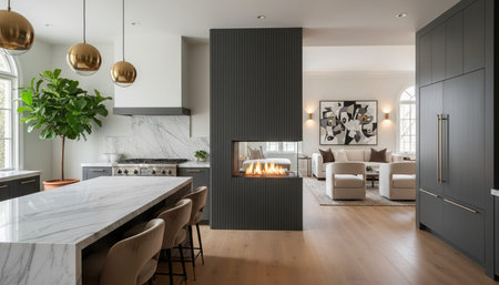 Luxury modern kitchen interior design with elegant furniture and natural lighting.