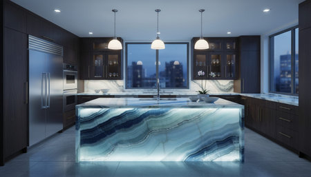 Luxury modern kitchen interior design with elegant furniture and natural lighting.