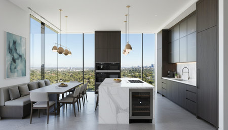 Luxury modern kitchen interior design with elegant furniture and natural lighting.