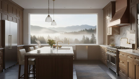 Luxury modern kitchen interior design with elegant furniture and natural lighting.