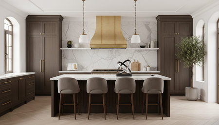 Luxury modern kitchen interior design with elegant furniture and natural lighting.