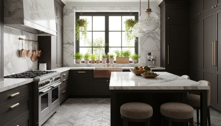 Luxury modern kitchen interior design with elegant furniture and natural lighting.