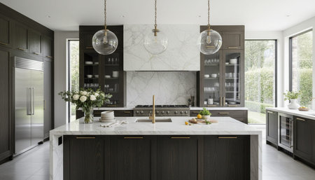 Luxury modern kitchen interior design with elegant furniture and natural lighting.