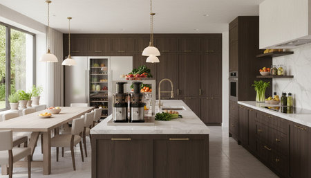 Luxury modern kitchen interior design with elegant furniture and natural lighting.