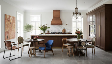 Luxury modern kitchen interior design with elegant furniture and natural lighting.