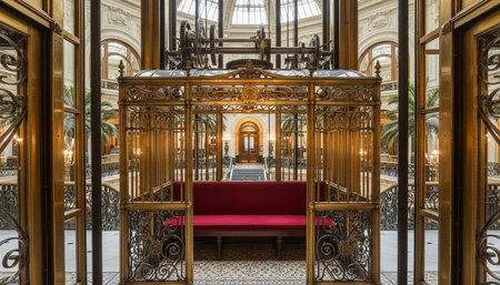 Luxury grand interior architecture featuring ornate ceilings, indoor swimming pools, and lush...