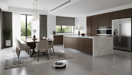 Luxury modern kitchen interior design with elegant furniture and natural lighting.