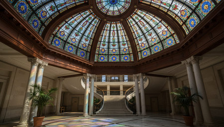 Luxury grand interior architecture featuring ornate ceilings, indoor swimming pools, and lush...