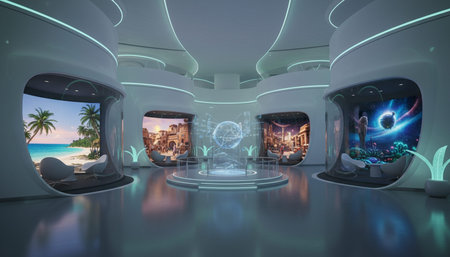 Luxury grand interior architecture featuring ornate ceilings, indoor swimming pools, and lush...