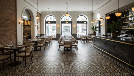 Luxury restaurant and bar interior design with opulent dining halls, elegant furniture, and...