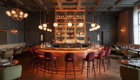 Luxury restaurant and bar interior design with opulent dining halls, elegant furniture, and...