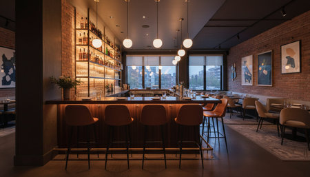 Luxury restaurant and bar interior design with opulent dining halls, elegant furniture, and...