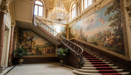 Luxury grand interior architecture featuring ornate ceilings, indoor swimming pools, and lush...