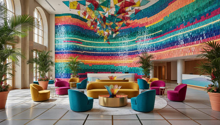 Luxury grand interior architecture featuring ornate ceilings, indoor swimming pools, and lush...