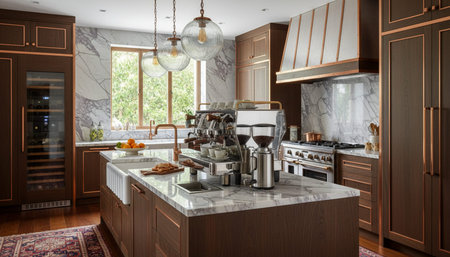 Luxury modern kitchen interior design with elegant furniture and natural lighting.