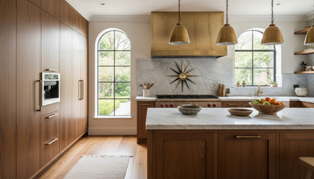 Luxury modern kitchen interior design with elegant furniture and natural lighting.