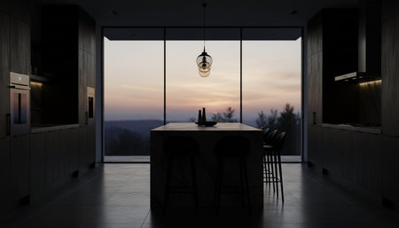 Luxury modern kitchen interior design with elegant furniture and natural lighting.