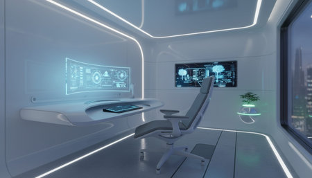 Modern professional home office workspace and contemporary desk setup interior.