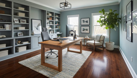Modern professional home office workspace and contemporary desk setup interior.