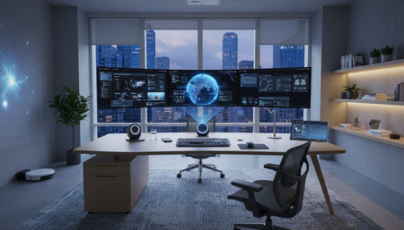 Modern professional home office workspace and contemporary desk setup interior.
