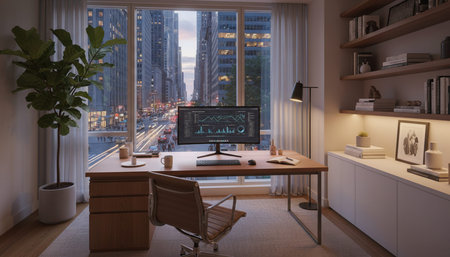 Modern professional home office workspace and contemporary desk setup interior.