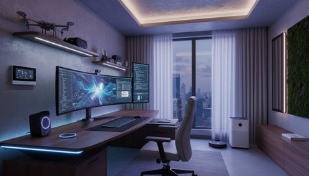 Modern professional home office workspace and contemporary desk setup interior.