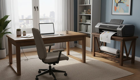 Modern professional home office workspace and contemporary desk setup interior.