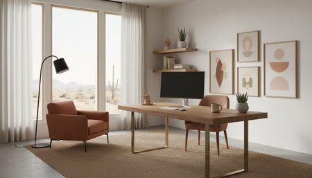 Modern professional home office workspace and contemporary desk setup interior.