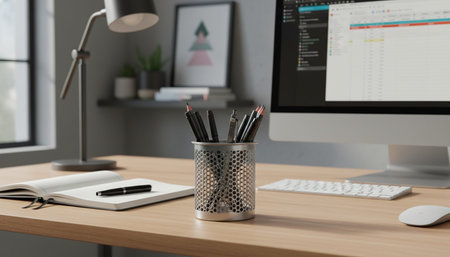 Modern professional home office workspace and contemporary desk setup interior.