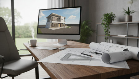 Modern professional home office workspace and contemporary desk setup interior.