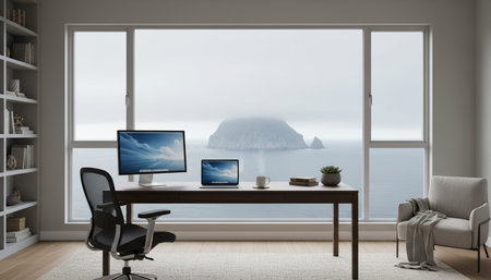 Modern professional home office workspace and contemporary desk setup interior.