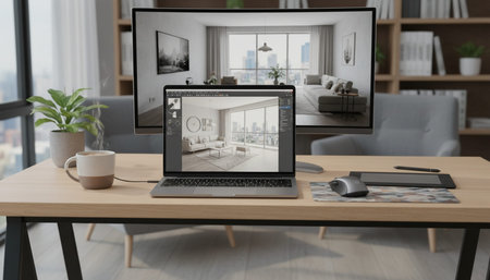 Modern professional home office workspace and contemporary desk setup interior.