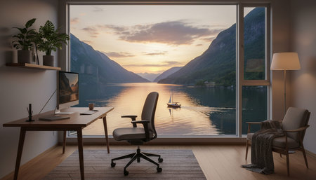 Modern professional home office workspace and contemporary desk setup interior.