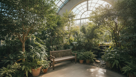 Modern biophilic interior design with lush green walls and contemporary architecture.