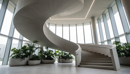 Modern biophilic interior design with lush green walls and contemporary architecture.
