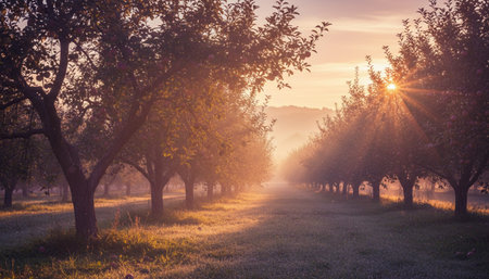 Scenic rural agricultural landscape featuring orchards, flowering fields, and traditional harvest decorations.