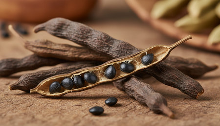 Traditional spices, herbs, and decorative organic art arrangements for harvest themes.