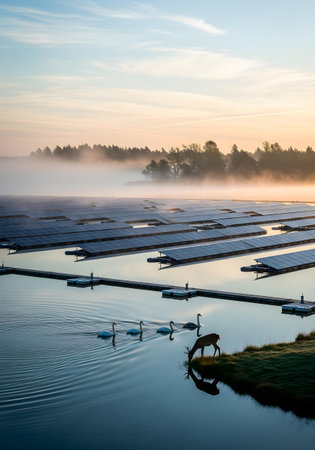 solar panels on the water with fog in the morning, Netherlandsの素材