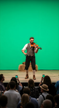 A cheerful male musician in traditional folk attire performs on stage, playing a violin with enthusiasm. The vibrant green screen background and rustic hay bales offer a versatile setting for creative projects. An audience watches, some capturing the moment on smartphones, highlighting the engaging performance.の素材