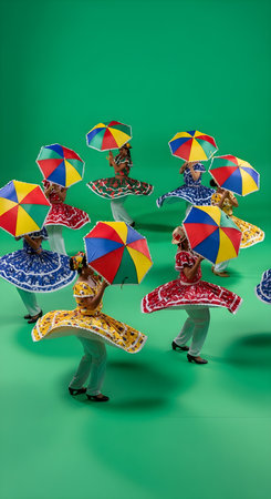 A vibrant group of dancers performs a traditional folkloric dance, showcasing colorful dresses with wide, twirling skirts and multi-colored umbrellas. This dynamic scene captures the energy and cultural richness of a festive celebration, set against a plain green background, ideal for projects related to culture, festivals, and traditional performances.の素材