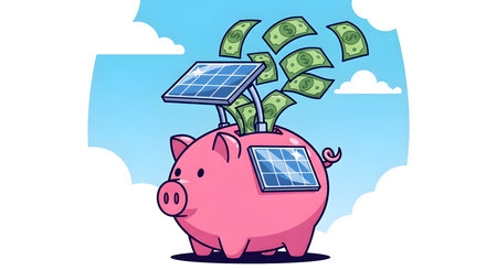 This vibrant illustration depicts a pink piggy bank adorned with solar panels, symbolizing the financial benefits of renewable energy. Dollar bills are seen flying out, representing savings, income, and smart investment in sustainable power. It's a perfect visual for concepts related to green finance, eco-friendly investments, and the economic advantagesの素材