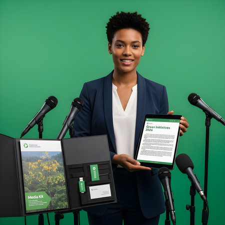 A confident woman stands at a podium with microphones, presenting a tablet displaying 'Green Initiatives 2024' and a media kit. She smiles at the camera, highlighting the company's environmental efforts.の素材