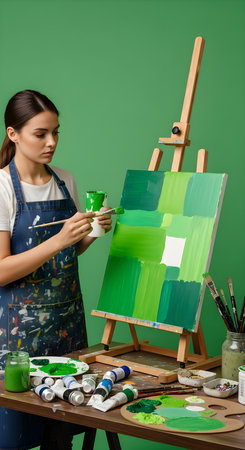A focused young woman, wearing a paint-splattered apron, meticulously works on an abstract painting with shades of green on canvas. She holds a paintbrush and green paint, surrounded by art supplies on a wooden table. This image captures artistic creation, concentration, and the joy of a creative hobby.の素材